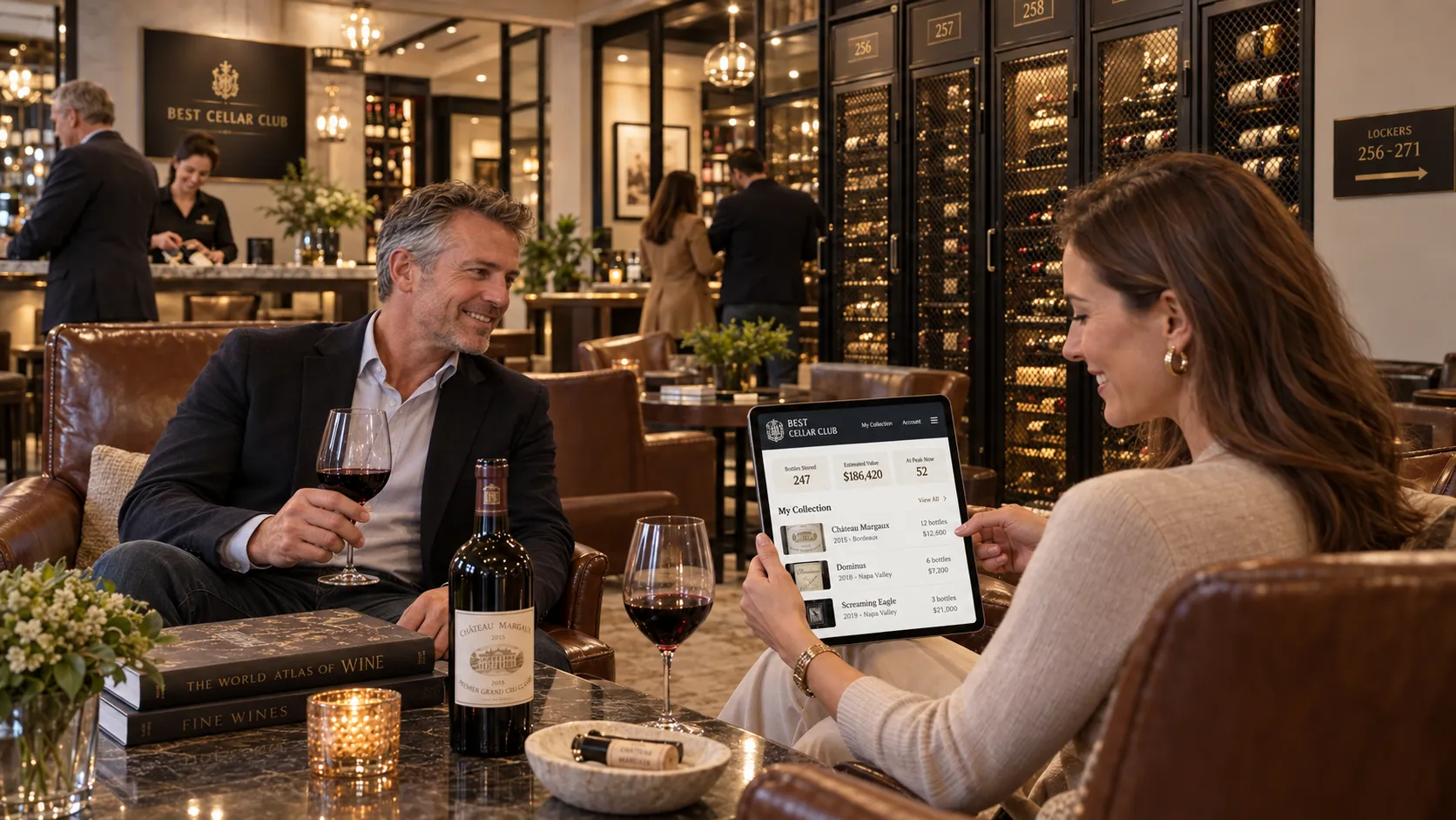 Two members in the lounge looking through their own collection on a tablet