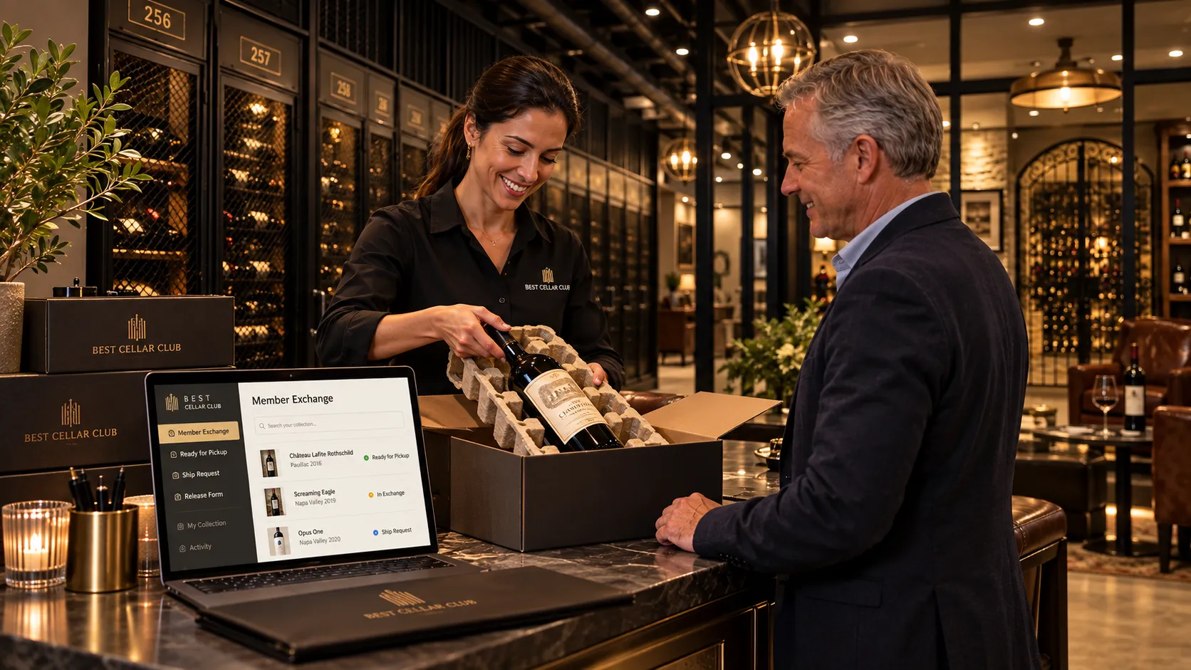 A staff member packing a member's pull into a shipper while the request is tracked on screen