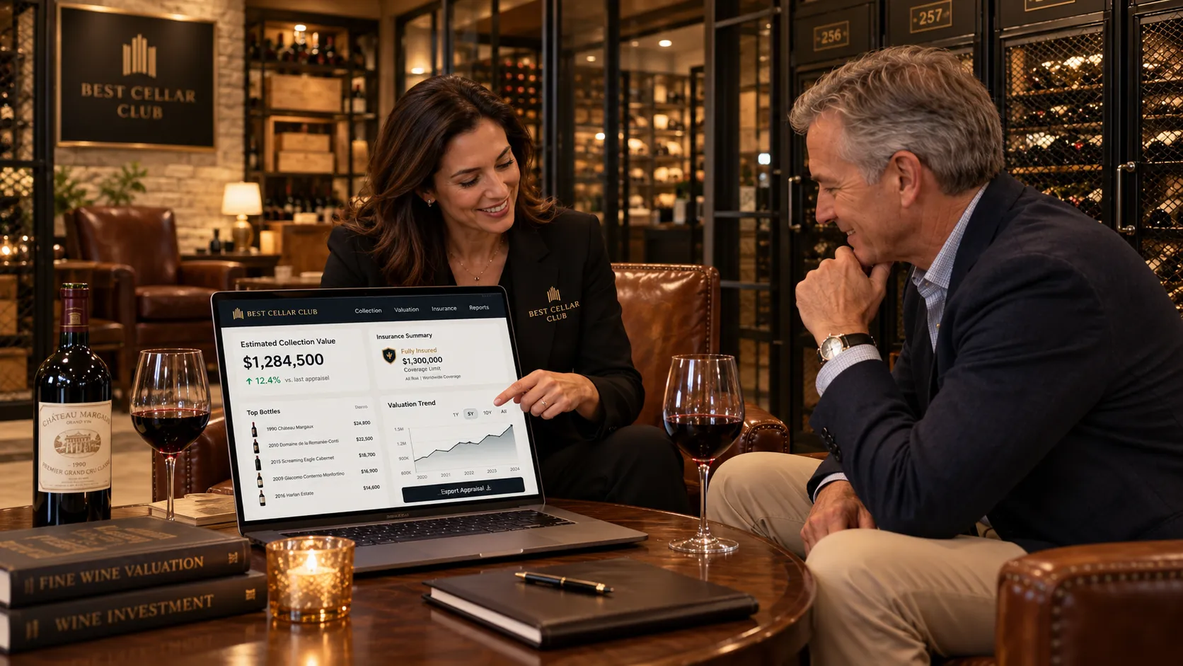 A member reviewing his collection’s estimated value and insurance summary with an adviser