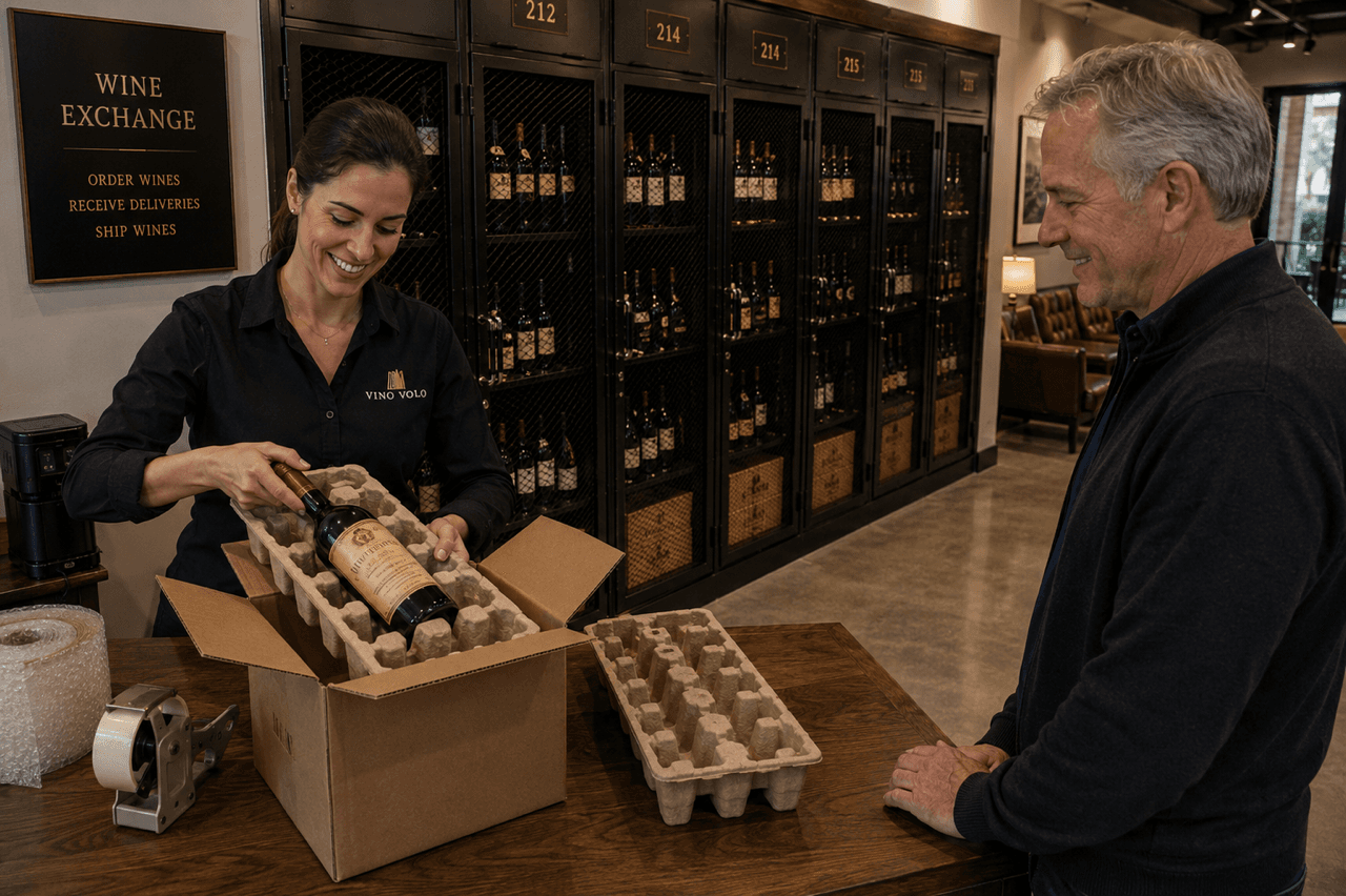 A wine concierge carefully packing a member's case at the front of house