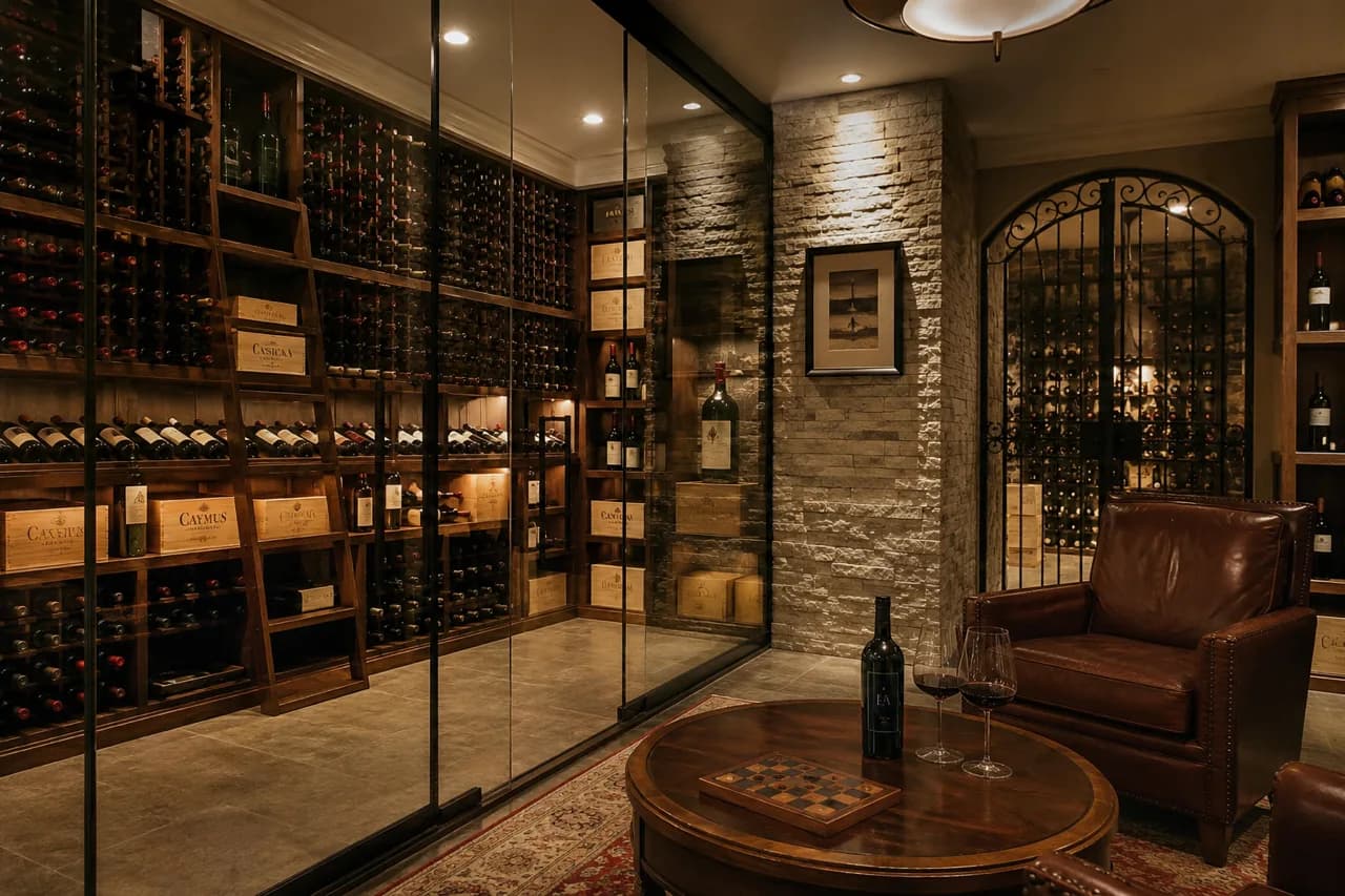 A private wine cellar room behind glass, with a leather chair and a table set with a bottle and glasses