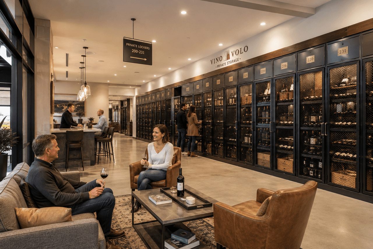 A wine club lounge with members enjoying tastings