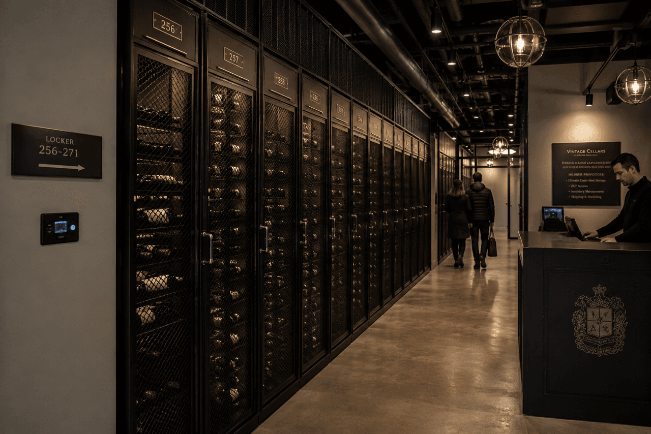 A premium wine cellar — long aisle of climate-controlled lockers